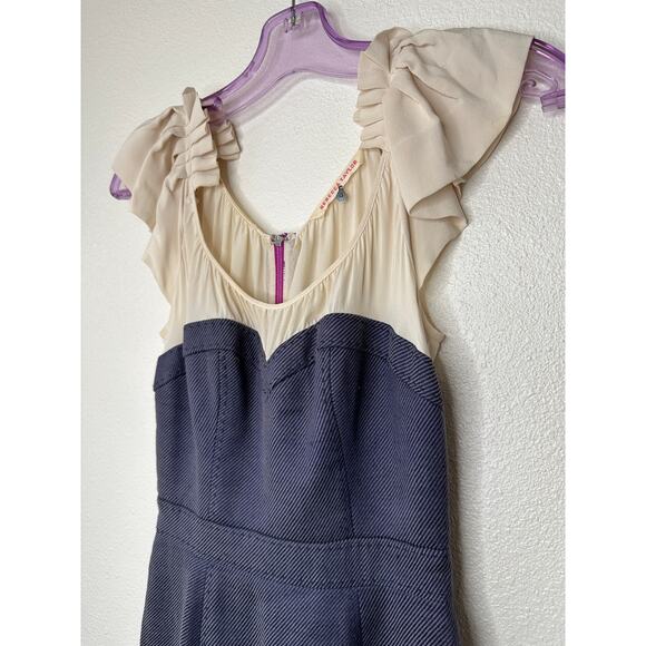 Rebecca Taylor Cream Ruffle Pleat Shoulder Blue Jean Stripe Linen Sheath Dress 0 - Picture 5 of 12